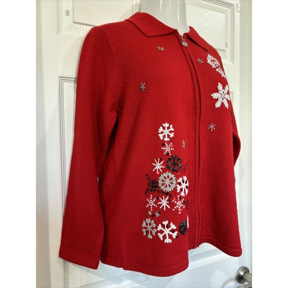 Allison Daley Cardigan Women's M Full Zip Red Christmas Sweater Snow Flakes - Picture 3 of 12